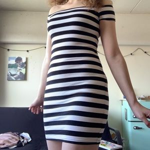 Short black & white striped off the shoulder dress